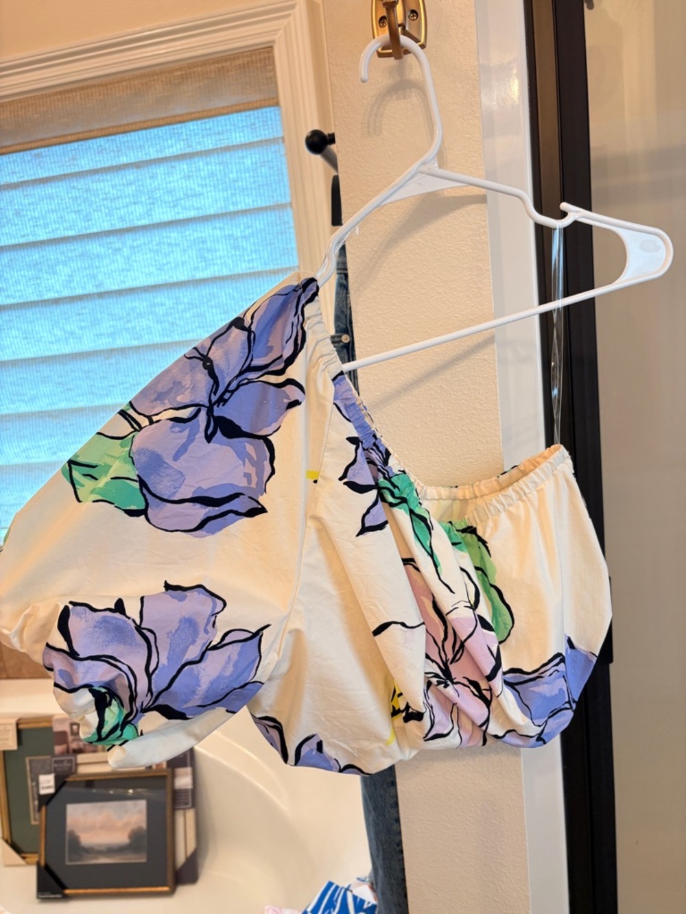 a new day Cream Floral Off-Shoulder Crop Top with Purple and Green Flowers